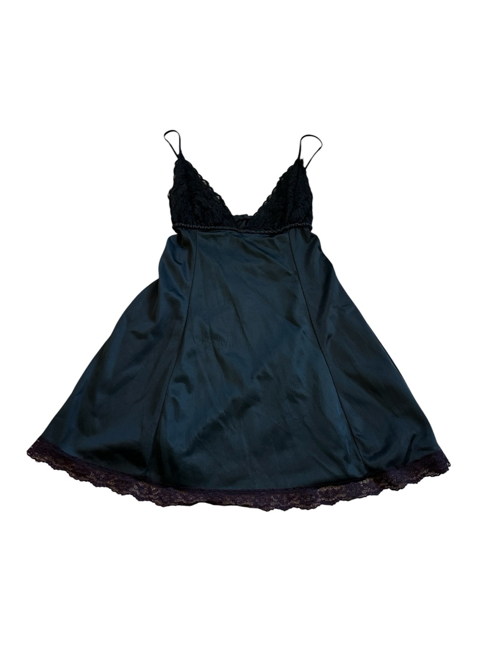 Vintage Silky Nylon Black Lingerie Slip Dress Lace Trim Empire Waist Dark Fairy